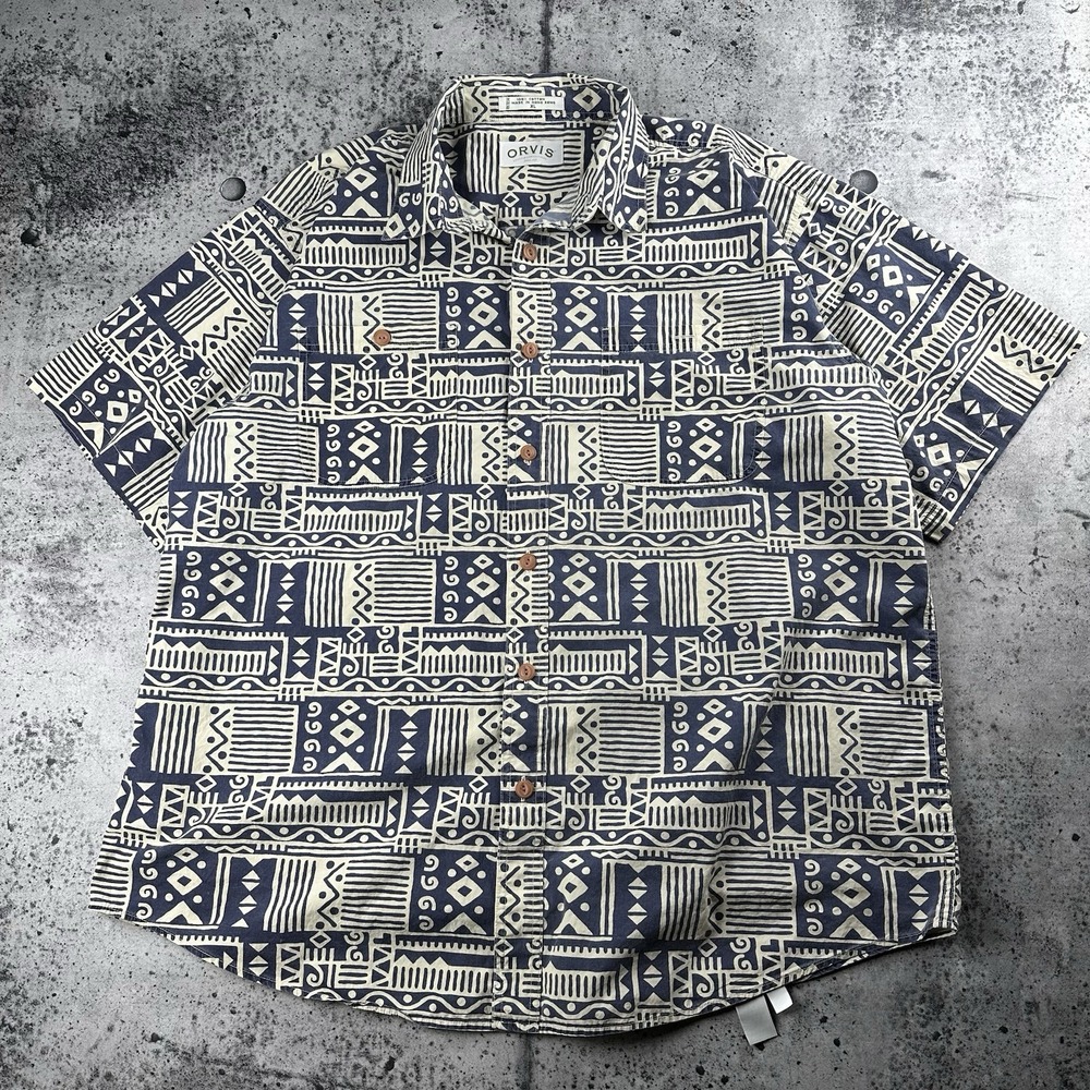 VTG 90s Orvis Shirt Men Large Polynesian Hawaiian Button Up Camp Gray Tan Beach